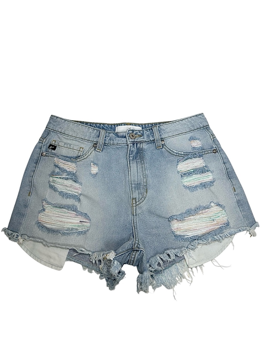 KanCan KC9225L Cotton High Rise Light Wash Distress Rainbow Jean Shorts 9/28
